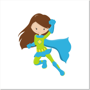 Superhero Girl, Cute Girl, Brown Hair, Blue Cape Posters and Art